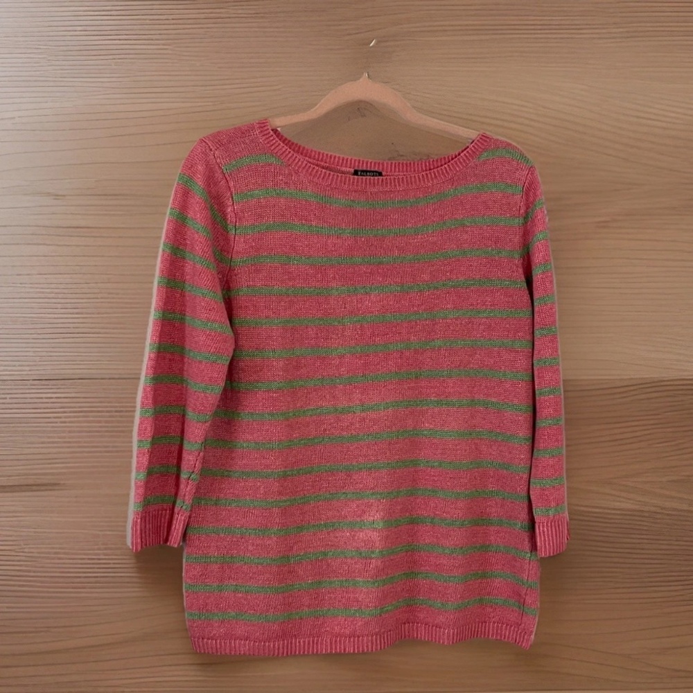 Talbots Petites Women’s 100% Linen Pink Green Striped Sweater Mp Classic Office
